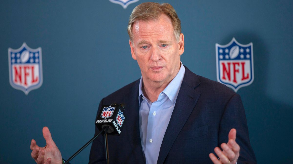 NFL Commissioner Roger Goodell addresses the media at the NFL Owners Meetings at the Omni Hotel, Tuesday, May 23, 2023, in Eagan, Minn.
