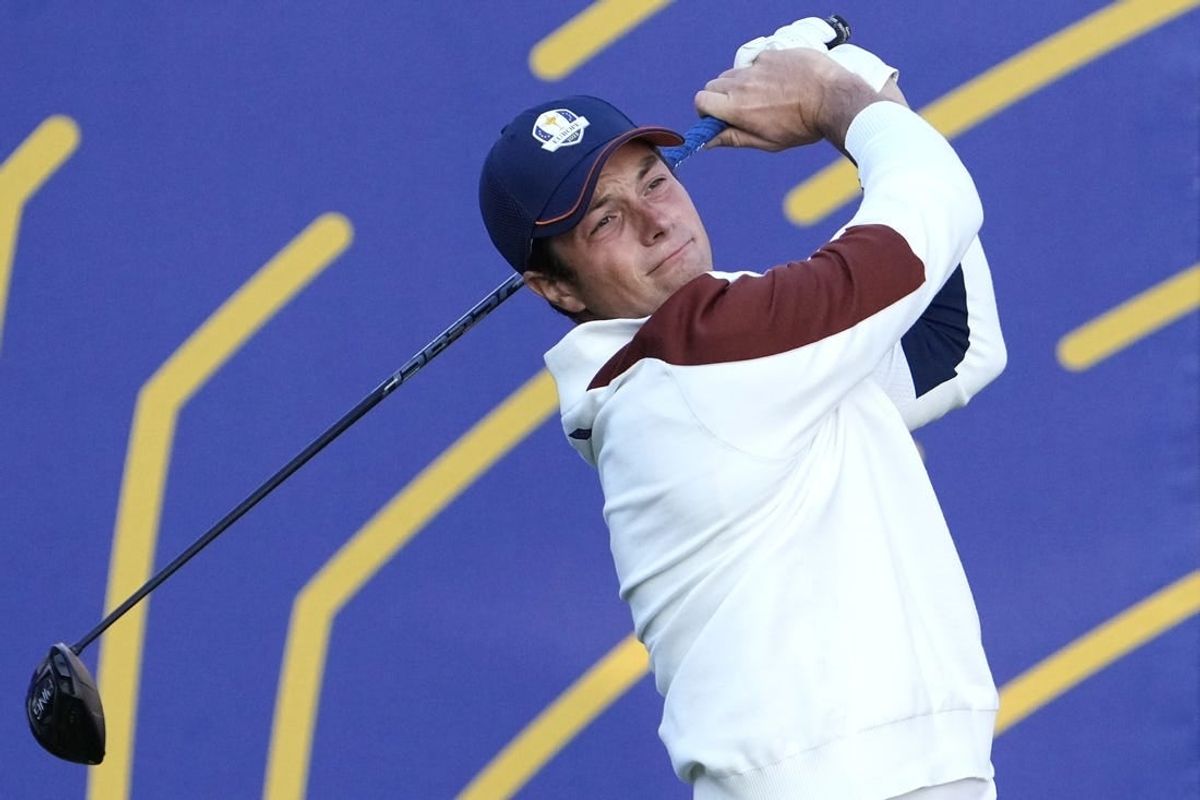Sep 30, 2023; Rome, ITA; Team Europe golfer Viktor Hovland plays his shot from the first tee during day two foursomes round for the 44th Ryder Cup golf competition at Marco Simone Golf and Country Club.
