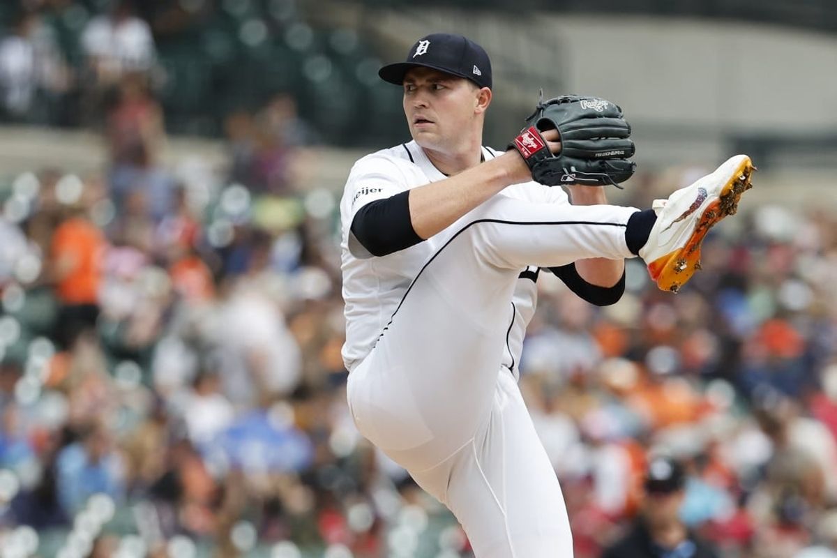 Apr 28, 2024; Detroit, Michigan, USA;  Detroit Tigers starting pitcher Tarik Skubal (29) pitches in the fourth inning against the Kansas City Royals at Comerica Park.