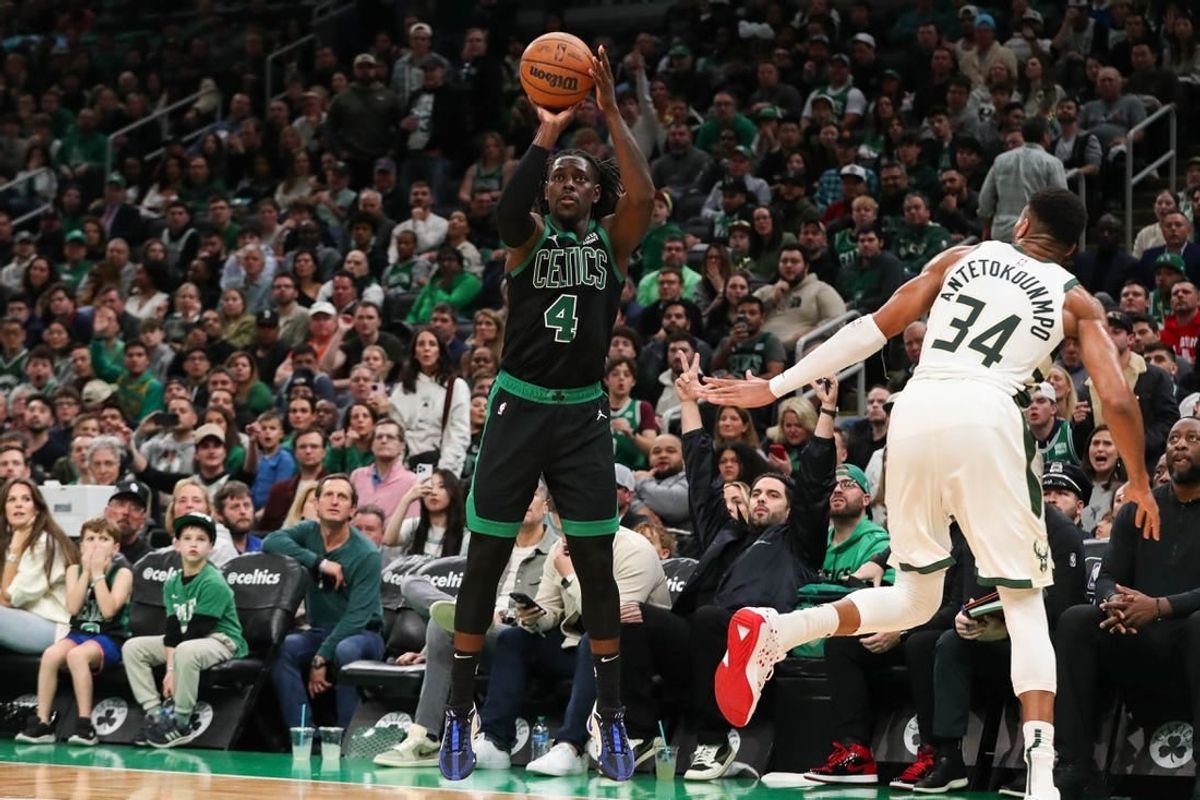 Nov 22, 2023; Boston, Massachusetts, USA; Boston Celtics guard Jrue Holiday (4) shoots during the first half against the Milwaukee Bucks at TD Garden.