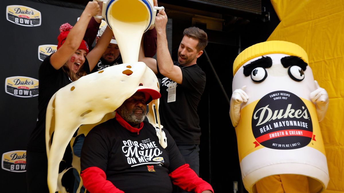 What we SHOULD have been talking about after the Duke’s Mayo Bowl: Terps head coach Mike Locksley being doused in mayonnaise.