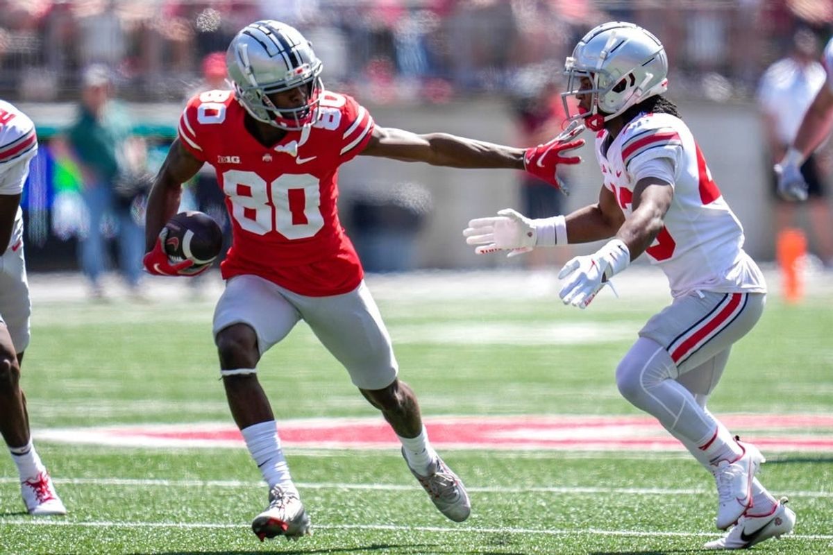 Apr 15, 2023; Columbus, Ohio, United States;  Ohio State Buckeyes wide receiver Noah Rogers (80) evades Ohio State Buckeyes cornerback Diante Griffin (43) during the fourth quarter of the Ohio State Buckeyes spring game at Ohio Stadium on Saturday morning.

Football Ceb Osufb Spring Game Ohio State At Ohio State