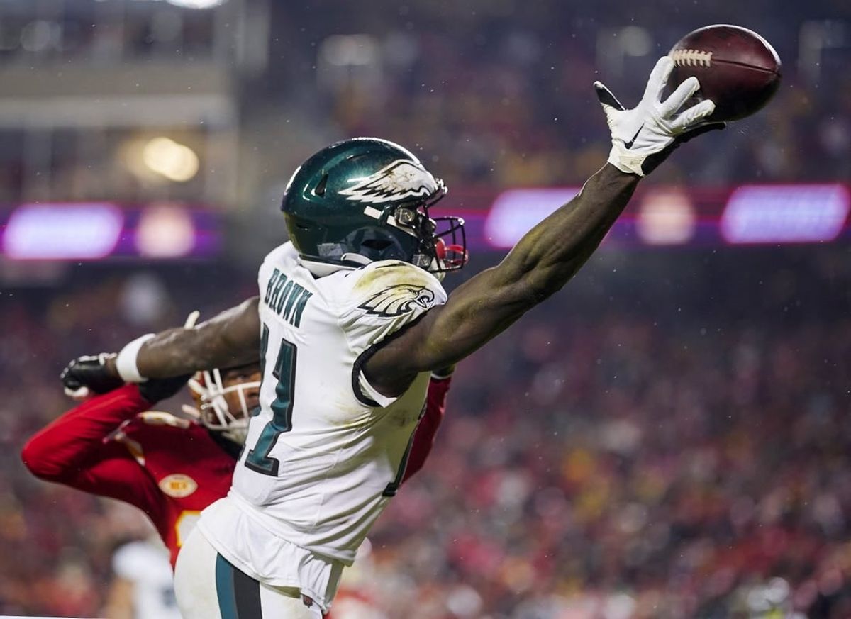 Nov 20, 2023; Kansas City, Missouri, USA; Philadelphia Eagles wide receiver A.J. Brown (11) is unable to make the catch against Kansas City Chiefs cornerback L'Jarius Sneed (38) during the second half at GEHA Field at Arrowhead Stadium.
