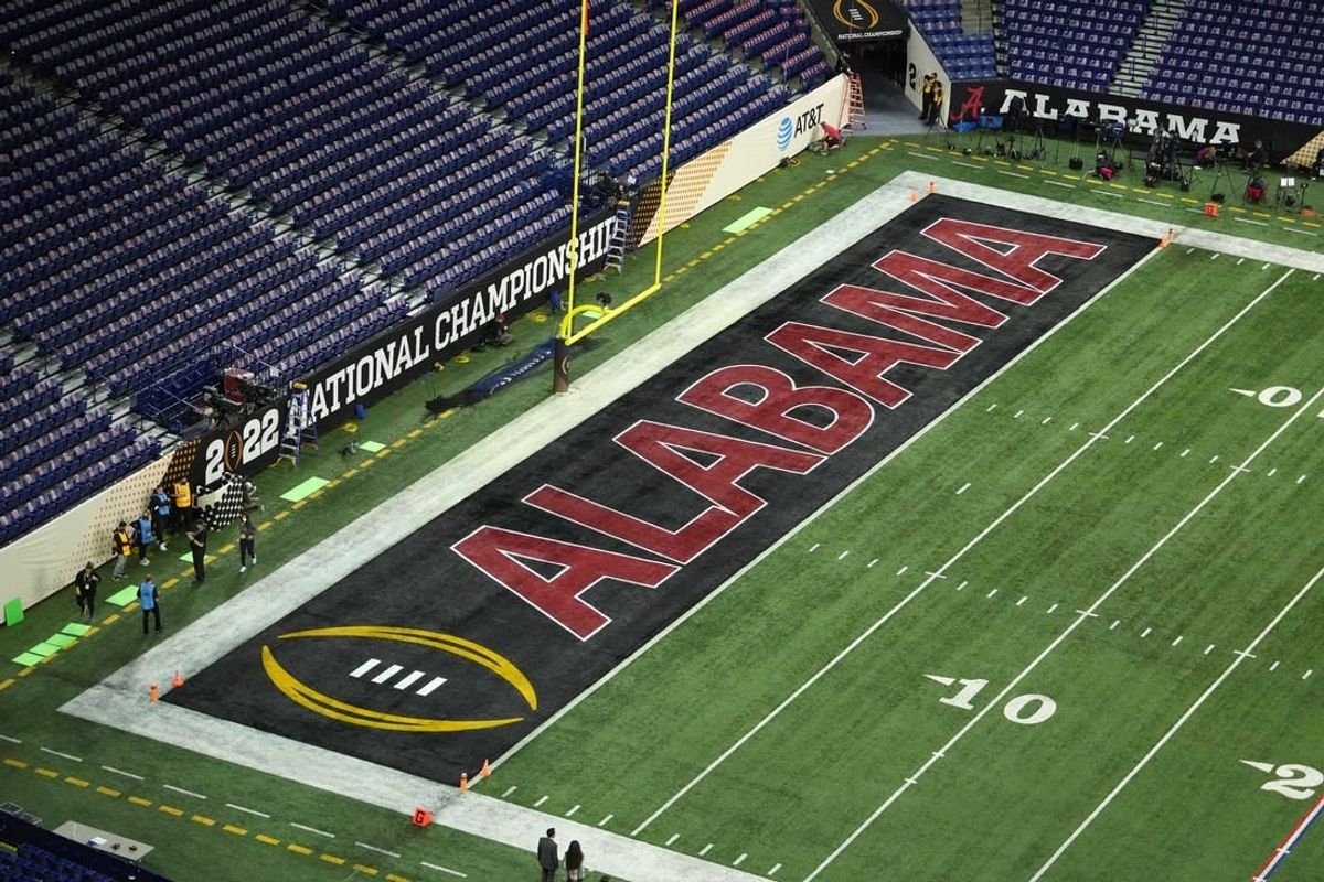 Jan 10, 2022; Indianapolis, IN, USA; A detailed view of the Alabama Crimson Tide logo during the 2022 CFP college football national championship game at Lucas Oil Stadium.