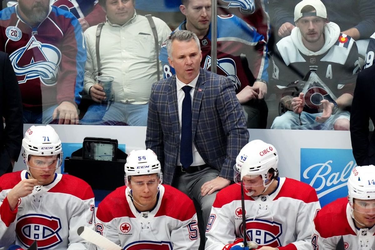 Mar 26, 2024; Denver, Colorado, USA; Montreal Canadiens head coach Martin St. Louis during the first period against the Colorado Avalanche at Ball Arena.