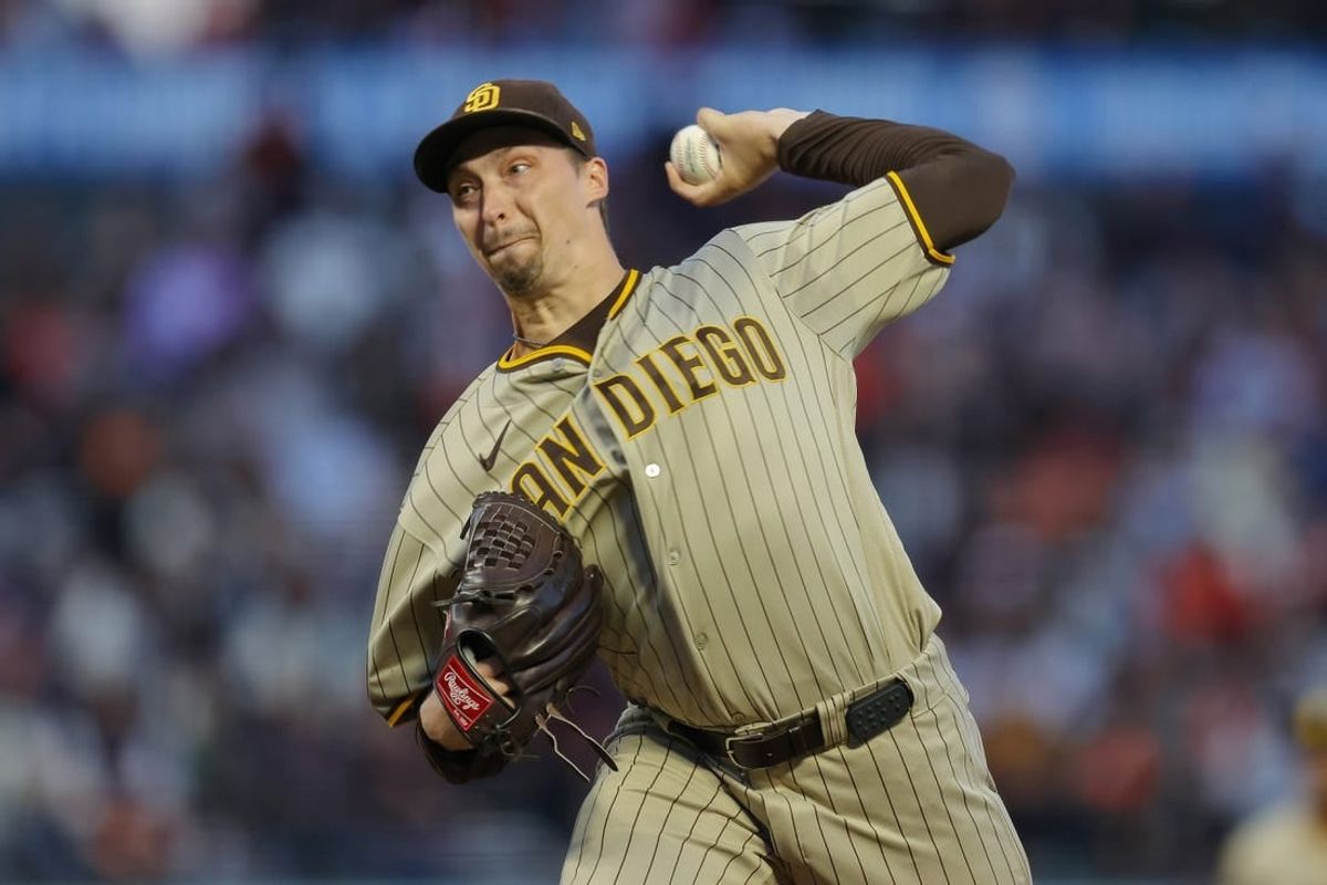Sep 25, 2023; San Francisco, California, USA; San Diego Padres starting pitcher Blake Snell (4) pitches during the first inning against the San Francisco Giants at Oracle Park.