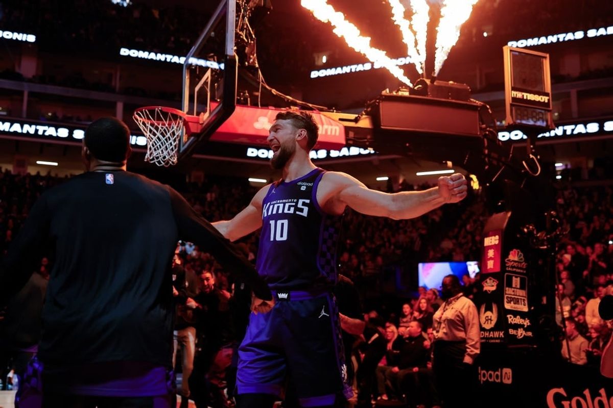 Dec 22, 2023; Sacramento, California, USA; Sacramento Kings forward Domantas Sabonis (10) during player introductions before the game against the Phoenix Suns at Golden 1 Center.
