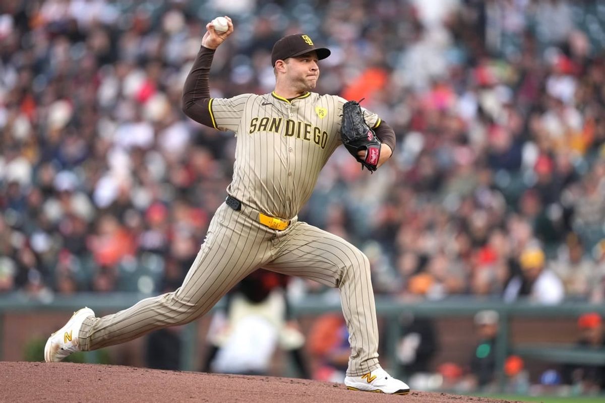 Apr 6, 2024; San Francisco, California, USA; San Diego Padres starting pitcher Michael King (34) throws a pitch against the San Francisco Giants during the first inning at Oracle Park.