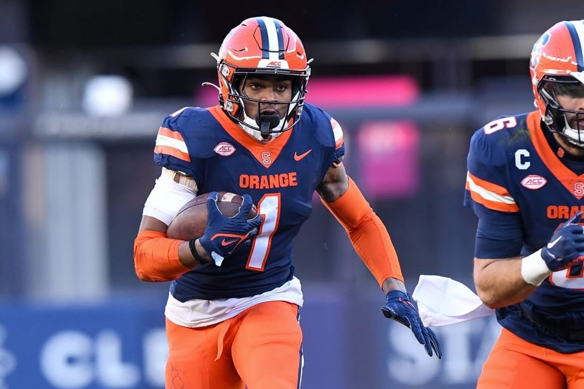 Nov 11, 2023; New York, New York, USA;  Syracuse Orange running back LeQuint Allen (1) runs with the ball against the Pittsburgh Panthers during the first half at Yankee Stadium.