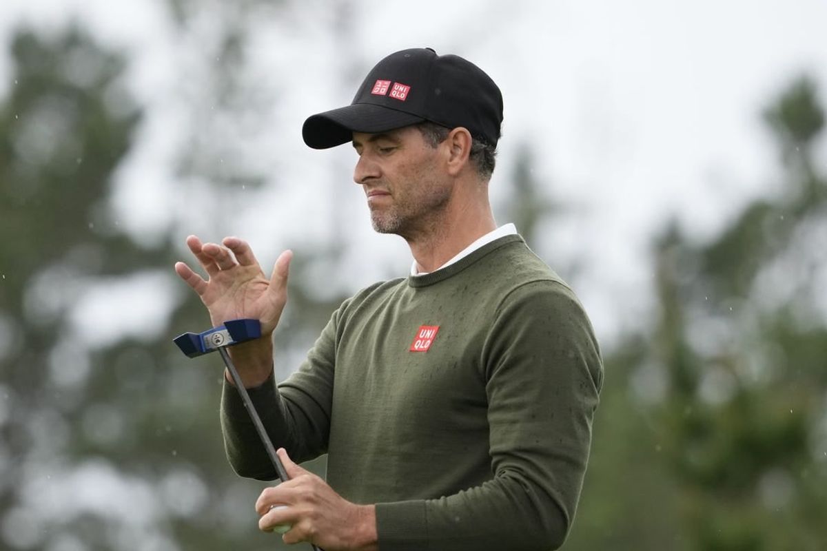 Feb 1, 2024; Pebble Beach, California, USA; Adam Scott reacts after his putt on the 10th hole during the first round of the AT&T Pebble Beach Pro-Am golf tournament at Spyglass Hill Golf Course.