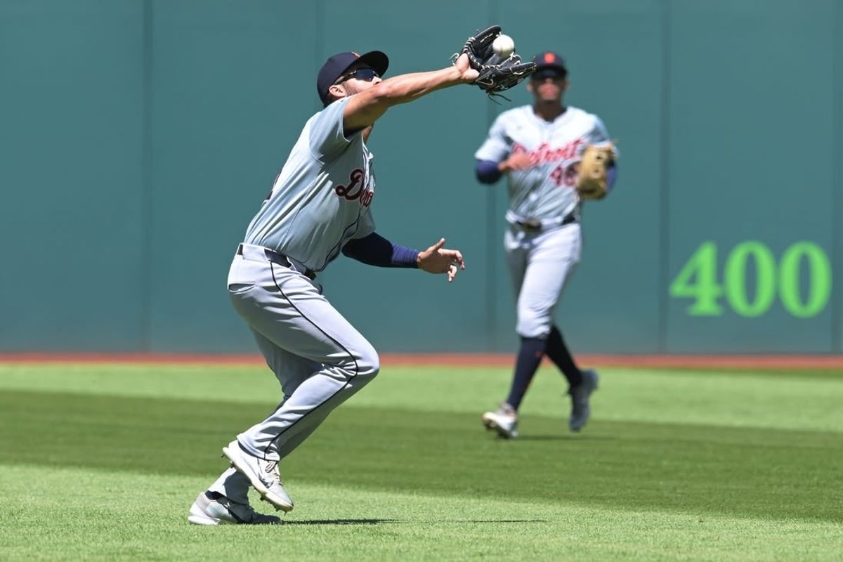 May 8, 2024; Cleveland, Ohio, USA; Detroit Tigers left fielder Riley Greene (31) catches a ball hit by Cleveland Guardians designated hitter Jose Ramirez (not pictured) during the third inning at Progressive Field.