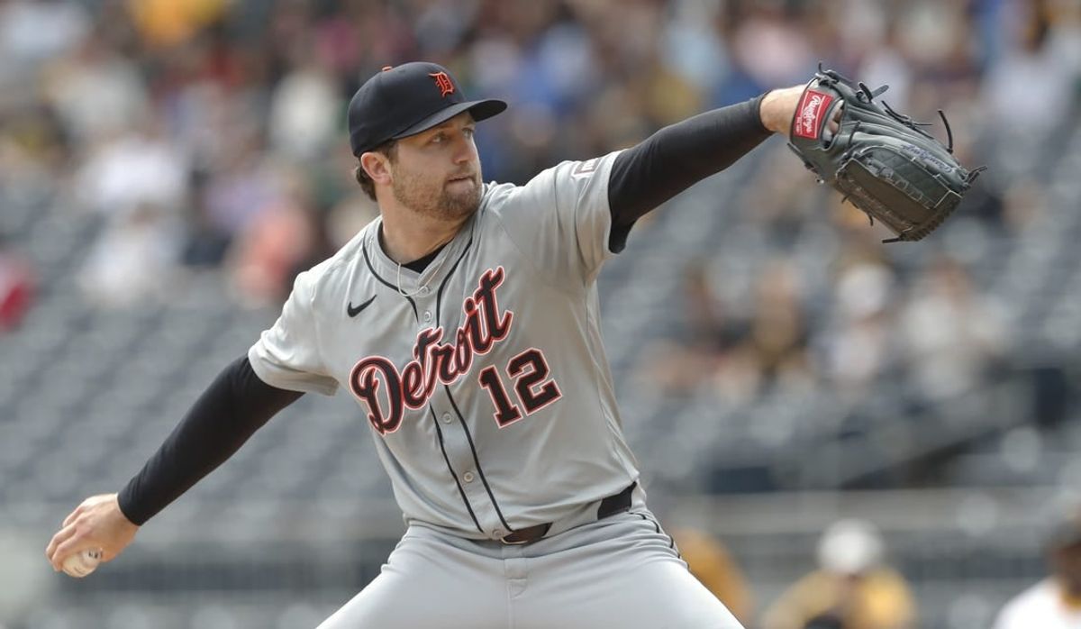 Apr 9, 2024; Pittsburgh, Pennsylvania, USA;  Detroit Tigers starting pitcher Casey Mize (12) throws against the Pittsburgh Pirates during the first inning at PNC Park.