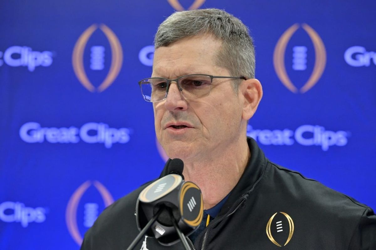 Jan 6, 2024; Houston, TX, USA; Michigan Wolverines head coach Jim Harbaugh talks to the media during media day before the College Football Playoff national championship game against the Washington Huskies at George R Brown Convention Center.