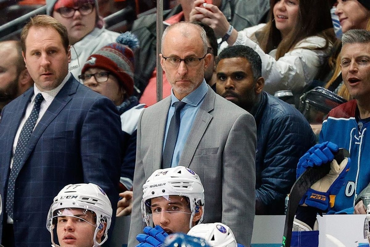 Dec 15, 2022; Denver, Colorado, USA; Buffalo Sabres head coach Don Granato looks on in the second period against the Colorado Avalanche at Ball Arena.