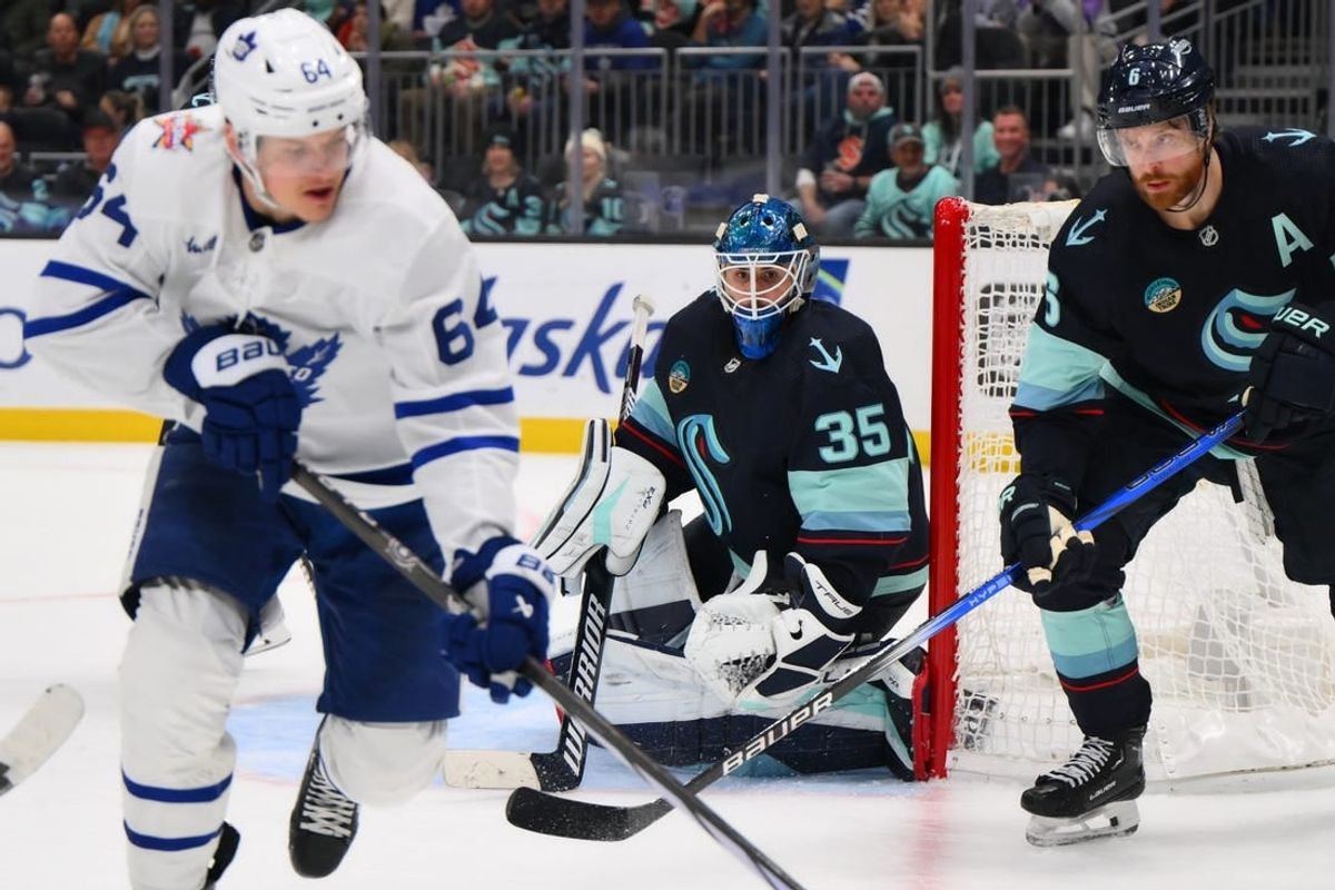 Jan 21, 2024; Seattle, Washington, USA; Seattle Kraken goaltender Joey Daccord (35) defends the goal during the third period against the Toronto Maple Leafs at Climate Pledge Arena.