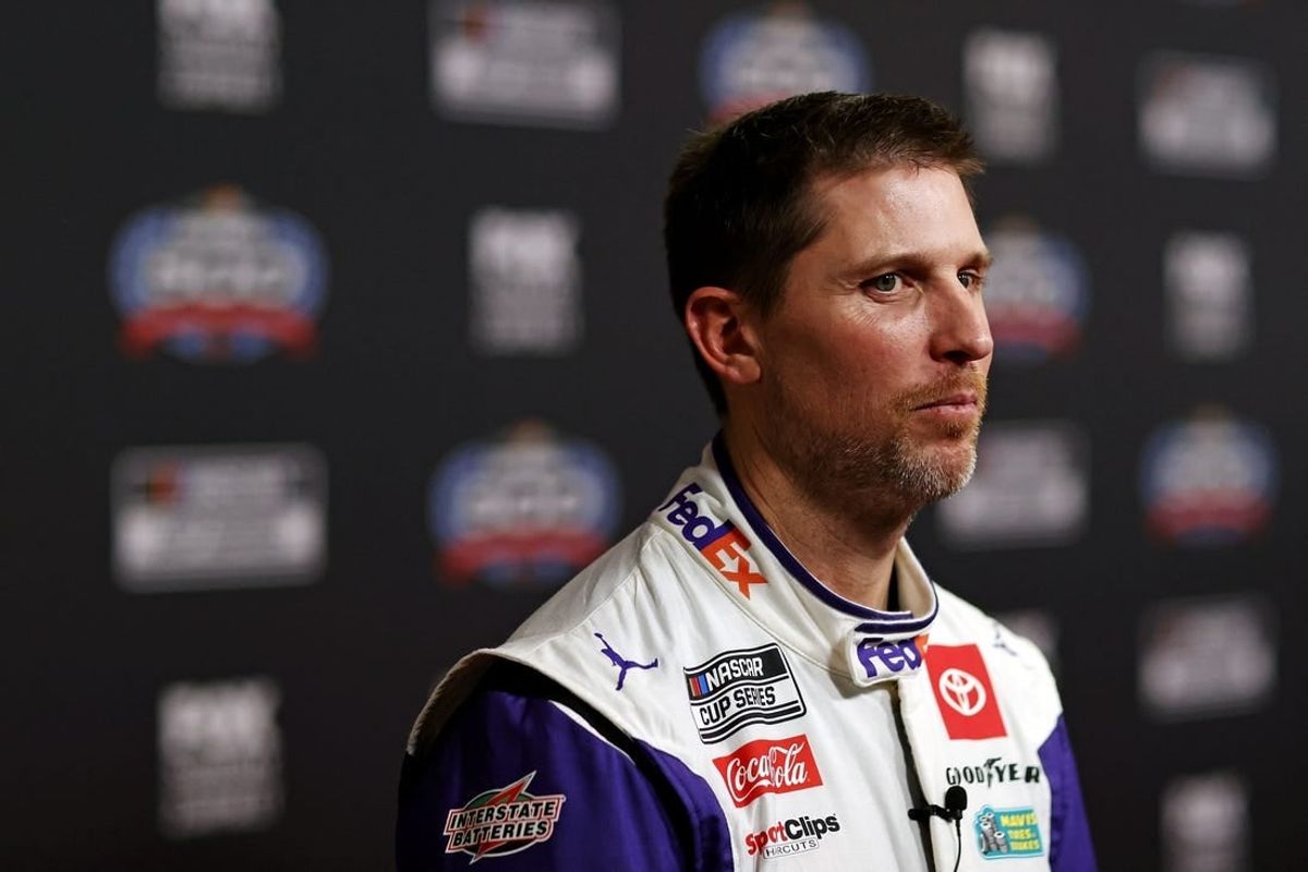 Feb 14, 2024; Daytona Beach, Florida, USA; NASCAR Cup Series driver Denny Hamlin (11) during Daytona 500 Media Day at Daytona International Speedway.