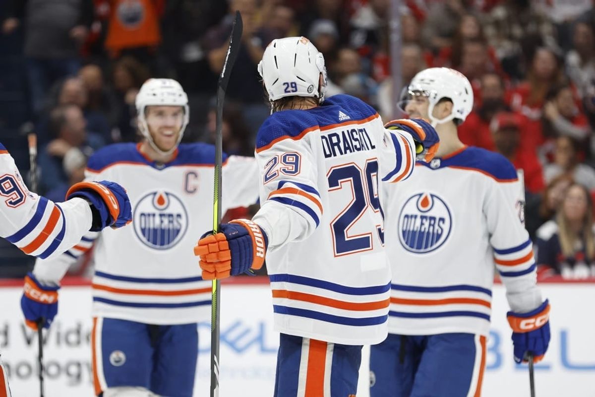 Nov 24, 2023; Washington, District of Columbia, USA; Edmonton Oilers center Leon Draisaitl (29) celebrates with teammates after scoring a goal against the Washington Capitals in the second period at Capital One Arena.