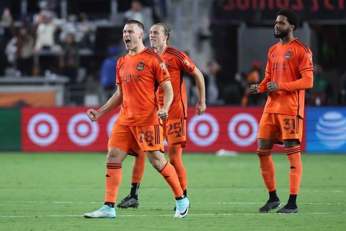 Nov 11, 2023; Houston, Texas, USA; Houston Dynamo defender Erik Sviatchenko (28), midfielder Griffin Dorsey (25), and defender Micael (31) react after the game against Real Salt Lake at Shell Energy Stadium.