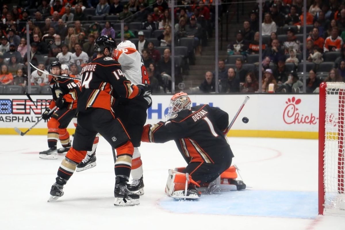 Nov 10, 2023; Anaheim, California, USA; Anaheim Ducks goaltender Lukas Dostal (1) gives up a goal against Philadelphia Flyers right wing Cam Atkinson (89) during the first period at Honda Center.