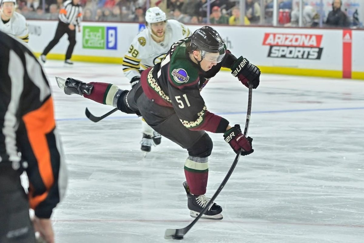 Jan 9, 2024; Tempe, Arizona, USA; Arizona Coyotes defenseman Troy Stecher (51) shoots the puck in the second period against the Boston Bruins at Mullett Arena.