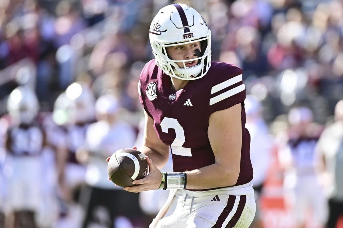 Nov 18, 2023; Starkville, Mississippi, USA; Mississippi State Bulldogs quarterback Will Rogers (2) drops back in the pocket against the Southern Miss Golden Eagles during the third quarter at Davis Wade Stadium at Scott Field.