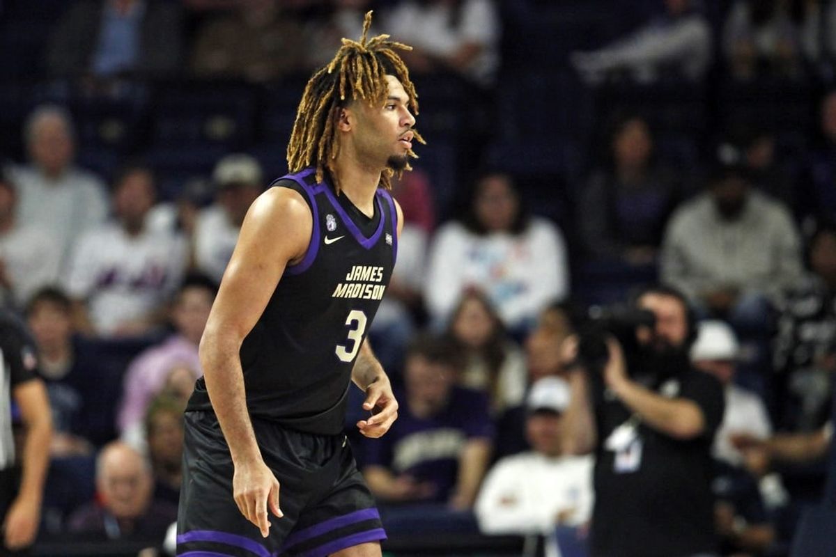 Dec 9, 2023; Norfolk, Virginia, USA; James Madison Dukes forward T.J. Bickerstaff (3) looks on during the game against the Old Dominion Monarchs at Chartway Arena at the Ted Constant Convocation Center.