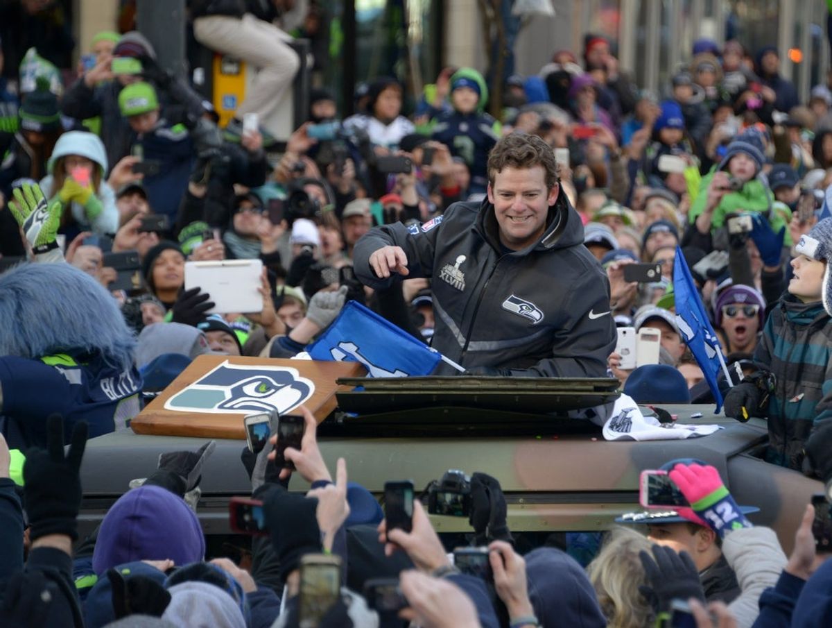 Seattle Seahawks general manager John Schneider at the team Super Bowl XLVIII victory parade in 2014. Mandatory Credit: Kirby Lee-Imagn Images