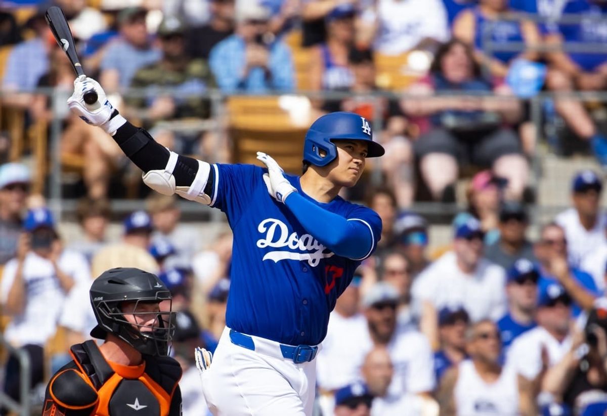 Mar 12, 2024; Phoenix, Arizona, USA; Los Angeles Dodgers designated hitter Shohei Ohtani against the San Francisco Giants during a spring training baseball game at Camelback Ranch-Glendale.