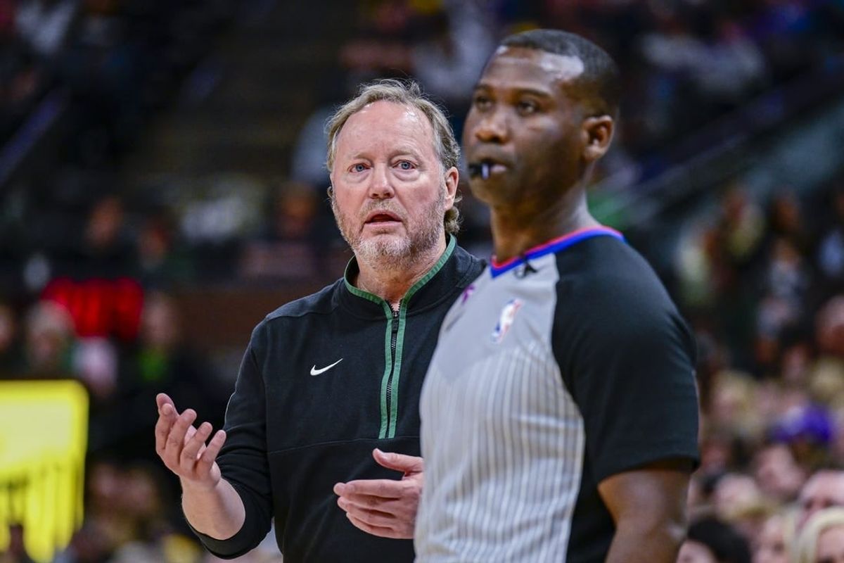 Mar 24, 2023; Salt Lake City, Utah, USA; Milwaukee Bucks head coach Mike Budenholzer reacts after a call against the Utah Jazz during the second half at Vivint Arena.
