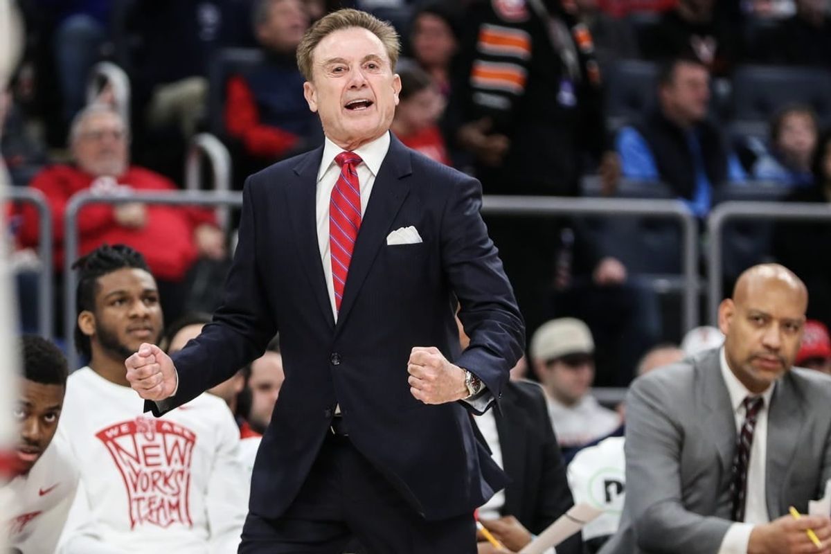 Feb 18, 2024; Elmont, New York, USA;  St. John's Red Storm head coach Rick Pitino yells out instructions in the first half against the Seton Hall Pirates at UBS Arena.