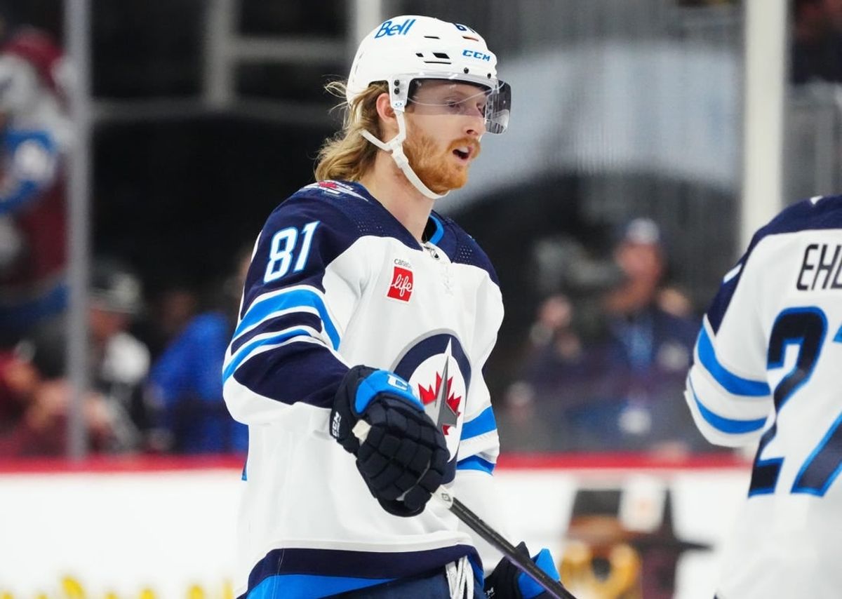 Dec 7, 2023; Denver, Colorado, USA; Winnipeg Jets left wing Kyle Connor (81) celebrates his goal in the third period against the Colorado Avalanche at Ball Arena.