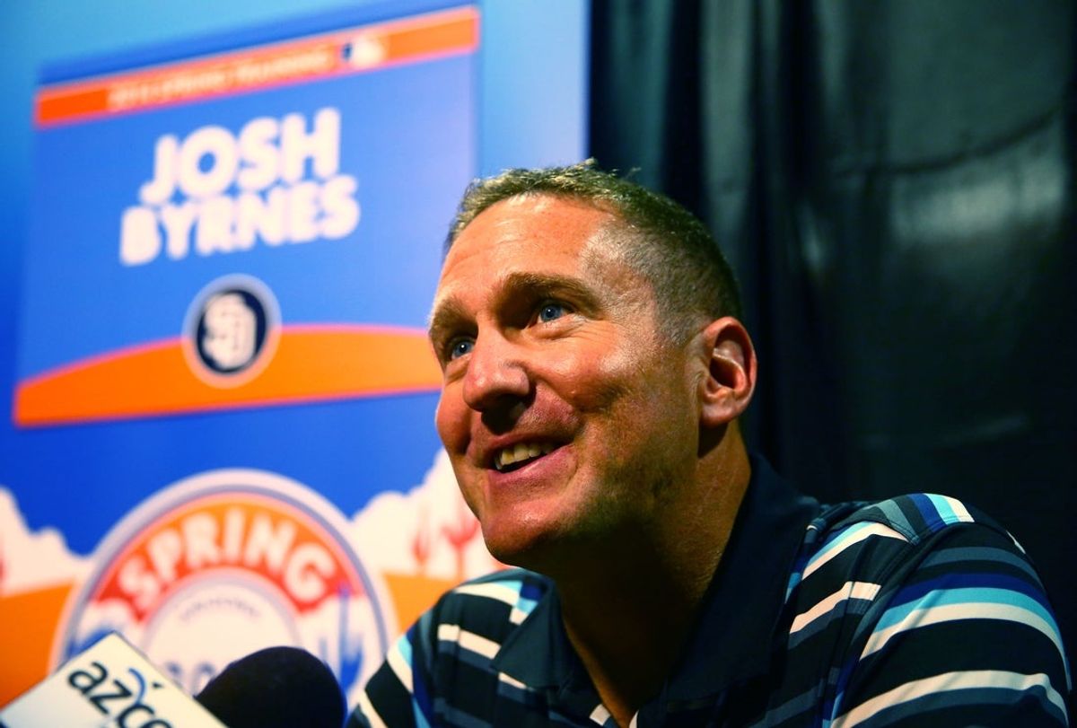 Feb 18, 2014; Phoenix, AZ, USA; San Diego Padres general manager Josh Byrnes speaks to the media during MLB media day at Chase Field. Mandatory Credit: Mark J. Rebilas-Imagn Images