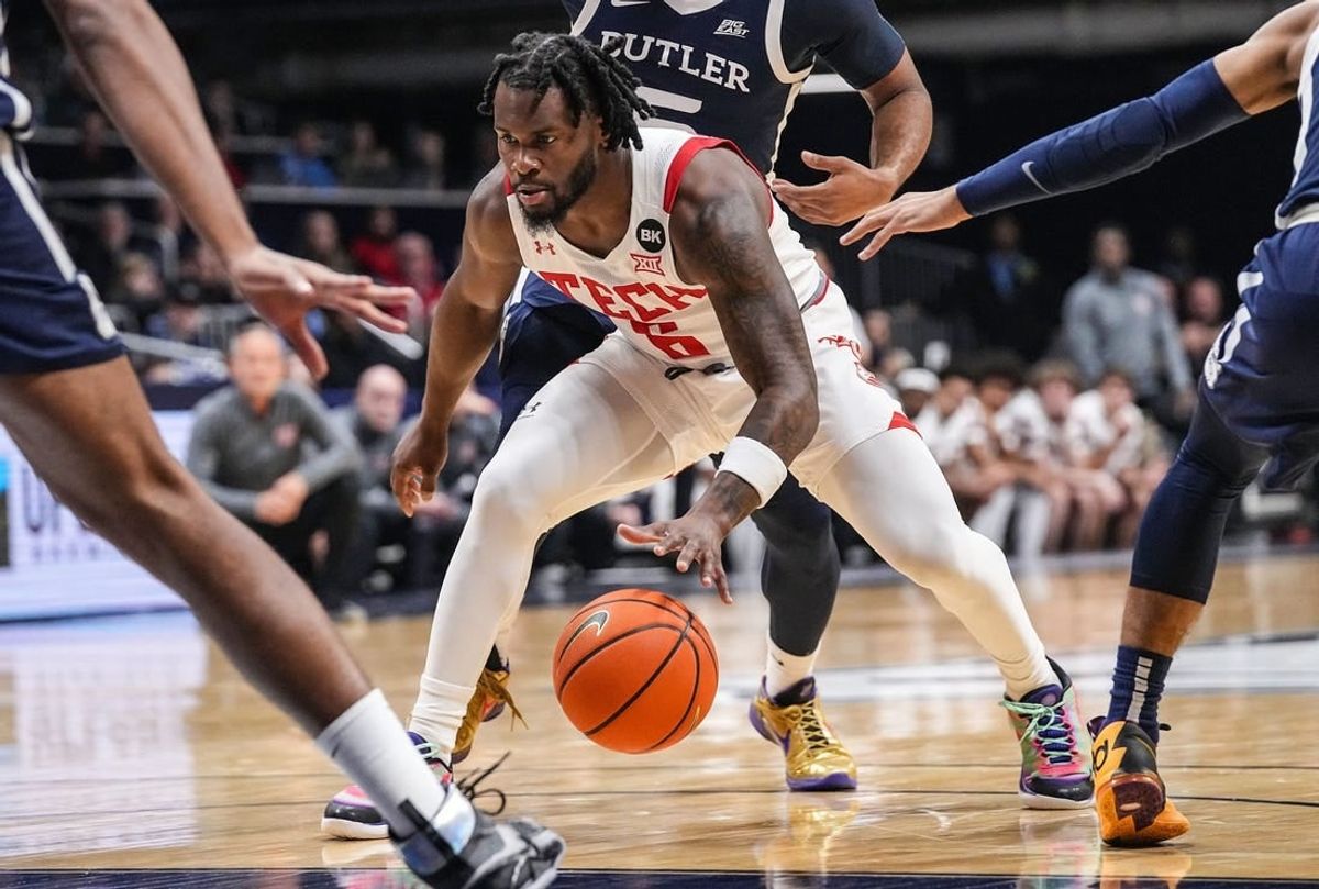 Texas Tech Red Raiders guard Joe Toussaint (6) moves up the court Thursday, Nov. 30, 2023, during the game against the Butler Bulldogs at Hinkle Fieldhouse in Indianapolis.