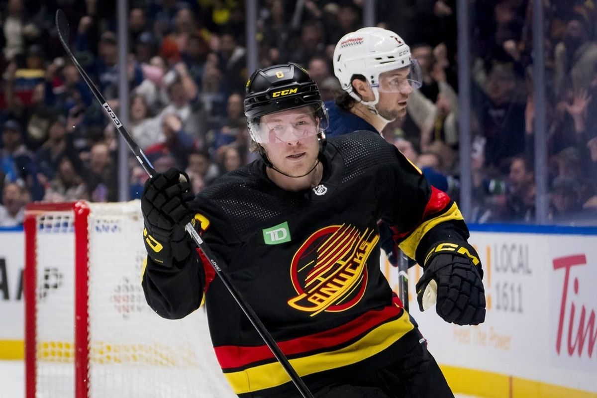 Jan 27, 2024; Vancouver, British Columbia, CAN; Vancouver Canucks forward Brock Boeser (6) celebrates his goal against the Columbus Blue Jackets in the second period at Rogers Arena.