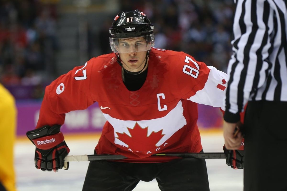 Feb 23, 2014; Sochi, RUSSIA; Canada forward Sidney Crosby (87) prepares for the face-off against Sweden in the men's ice hockey gold medal game during the Sochi 2014 Olympic Winter Games at Bolshoy Ice Dome. Mandatory Credit: Winslow Townson-Imagn Images