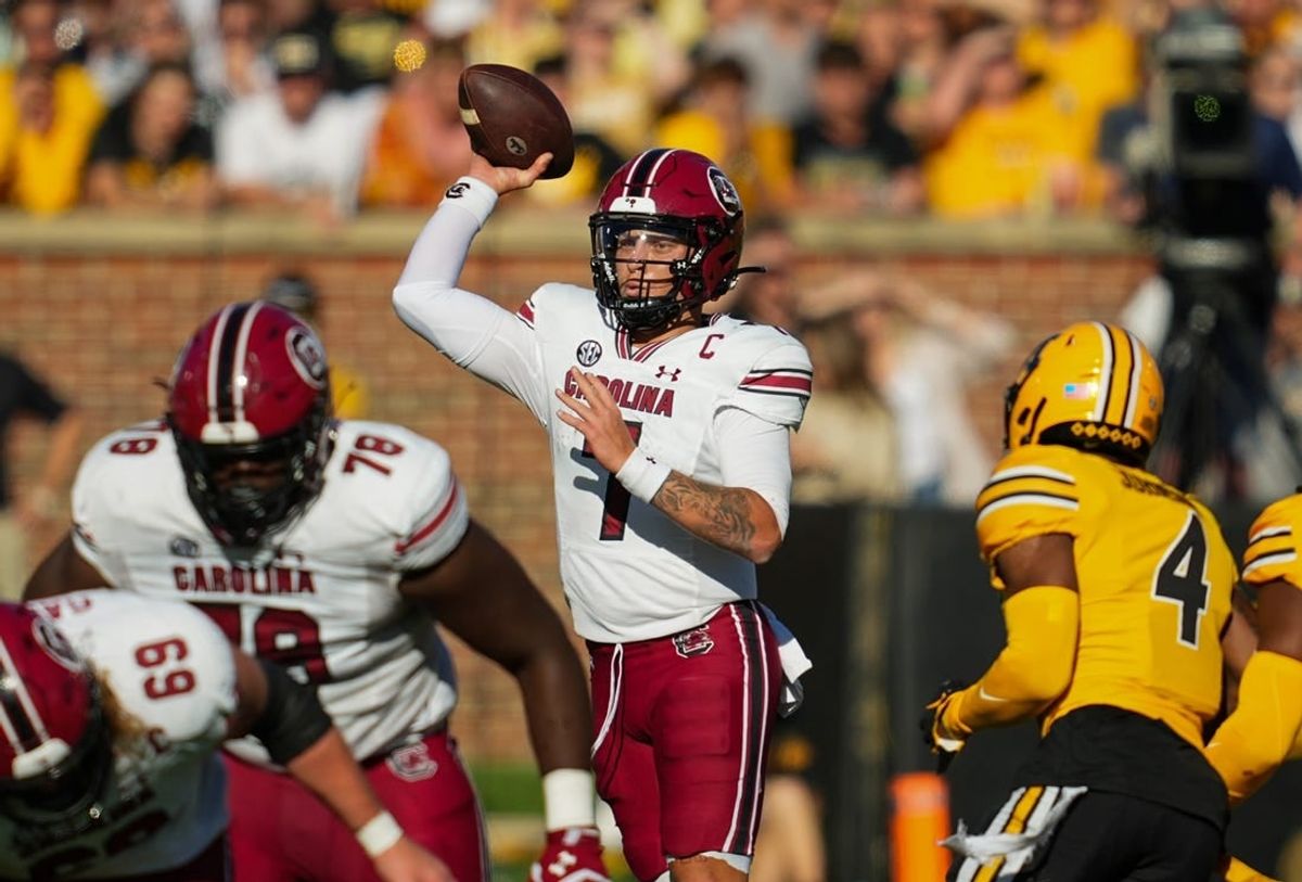 Oct 21, 2023; Columbia, Missouri, USA; South Carolina Gamecocks quarterback Spencer Rattler (7) throws a pass during the first half against the Missouri Tigers at Faurot Field at Memorial Stadium.
