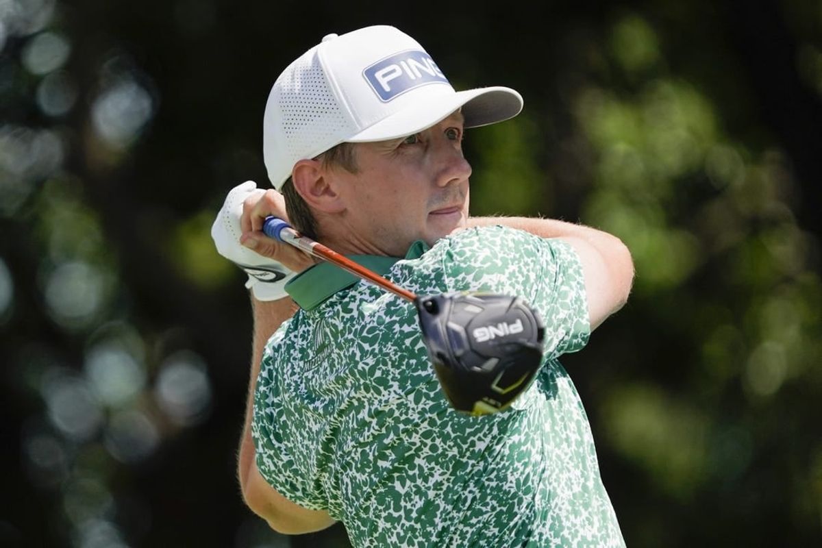 May 13, 2023; McKinney, Texas, USA; Mackenzie Hughes plays his shot from the second tee during the third round of the AT&T Byron Nelson golf tournament.