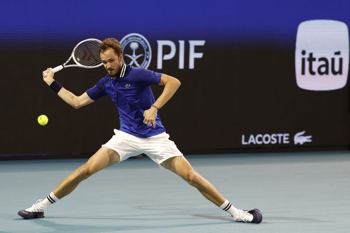 Mar 24, 2024; Miami Gardens, FL, USA; Daniil Medvedev hits a forehand against Cameron Norrie (GBR) (not pictured) on day seven of the Miami Open at Hard Rock Stadium.