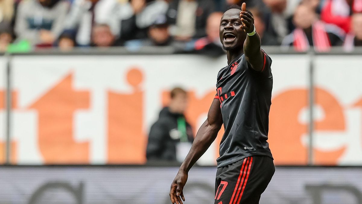 Munich’s Sadio Mané  gestures during the Bundesliga match between FC Augsburg and FC Bayern München at WWK-Arena on September 17, 2022 in Augsburg, Germany.