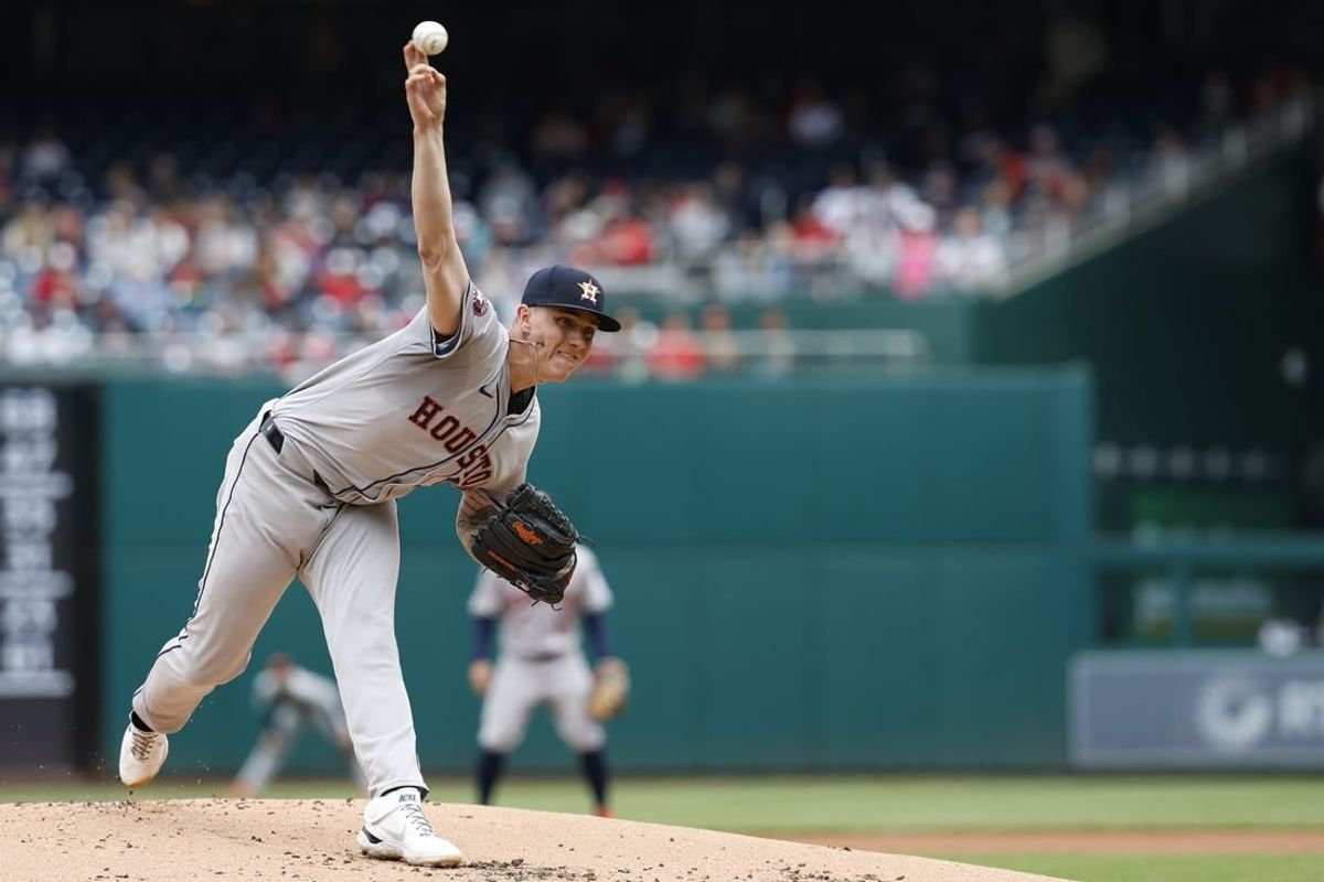 Apr 21, 2024; Washington, District of Columbia, USA; Houston Astros starting pitcher Hunter Brown (58) pitches against the Washington Nationals during the first inning at Nationals Park.