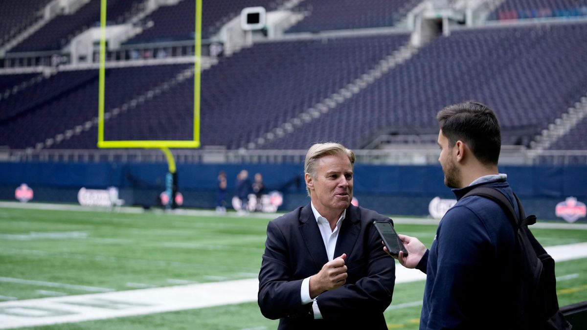 Brett Gosper gives a media interview during the NFL International Combine at the Tottenham Hotspur Stadium in London, Tuesday, Oct. 12, 2021.