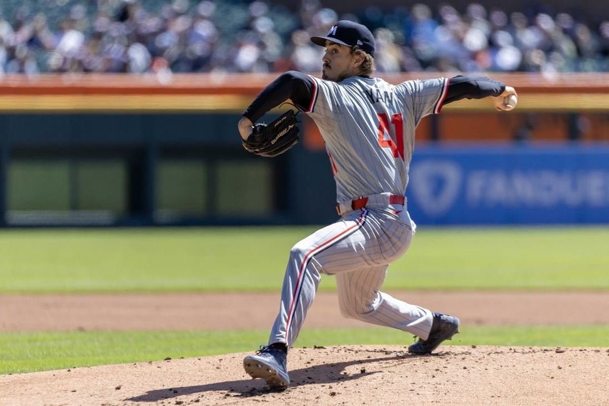 Apr 13, 2024; Detroit, Michigan, USA; Minnesota Twins starting pitcher Joe Ryan (41) throws in the in the first inning during game one of a double header against the Detroit Tigers at Comerica Park.