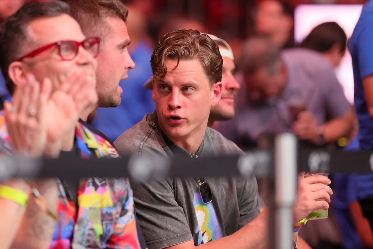 Mar 9, 2024; Miami, Florida, USA; Cincinnati Bengals quarterback Joe Burrow watches the fight between Jack Della Maddalena and Gilbert Burns during UFC 299 at Kayesa Center.