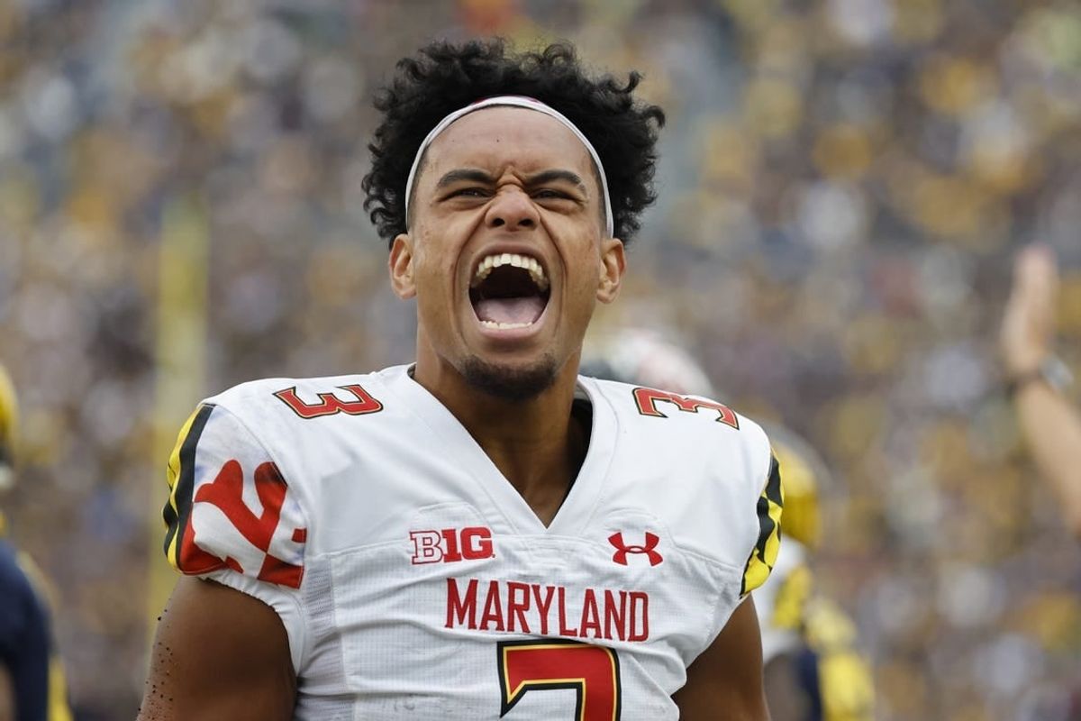 Sep 24, 2022; Ann Arbor, Michigan, USA; Maryland Terrapins quarterback Taulia Tagovailoa (3) celebrates in the first half against the Michigan Wolverines at Michigan Stadium.