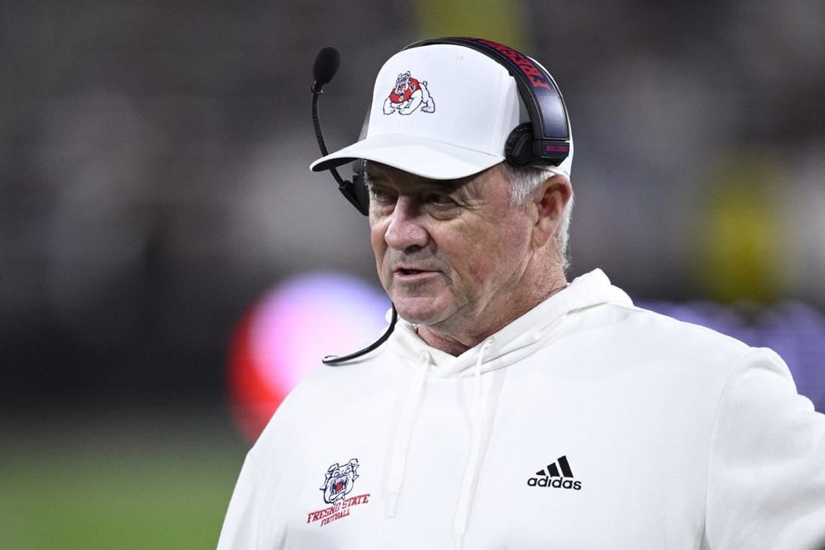 Nov 25, 2023; San Diego, California, USA; Fresno State Bulldogs head coach Jeff Tedford looks on during the first half against the San Diego State Aztecs at Snapdragon Stadium.
