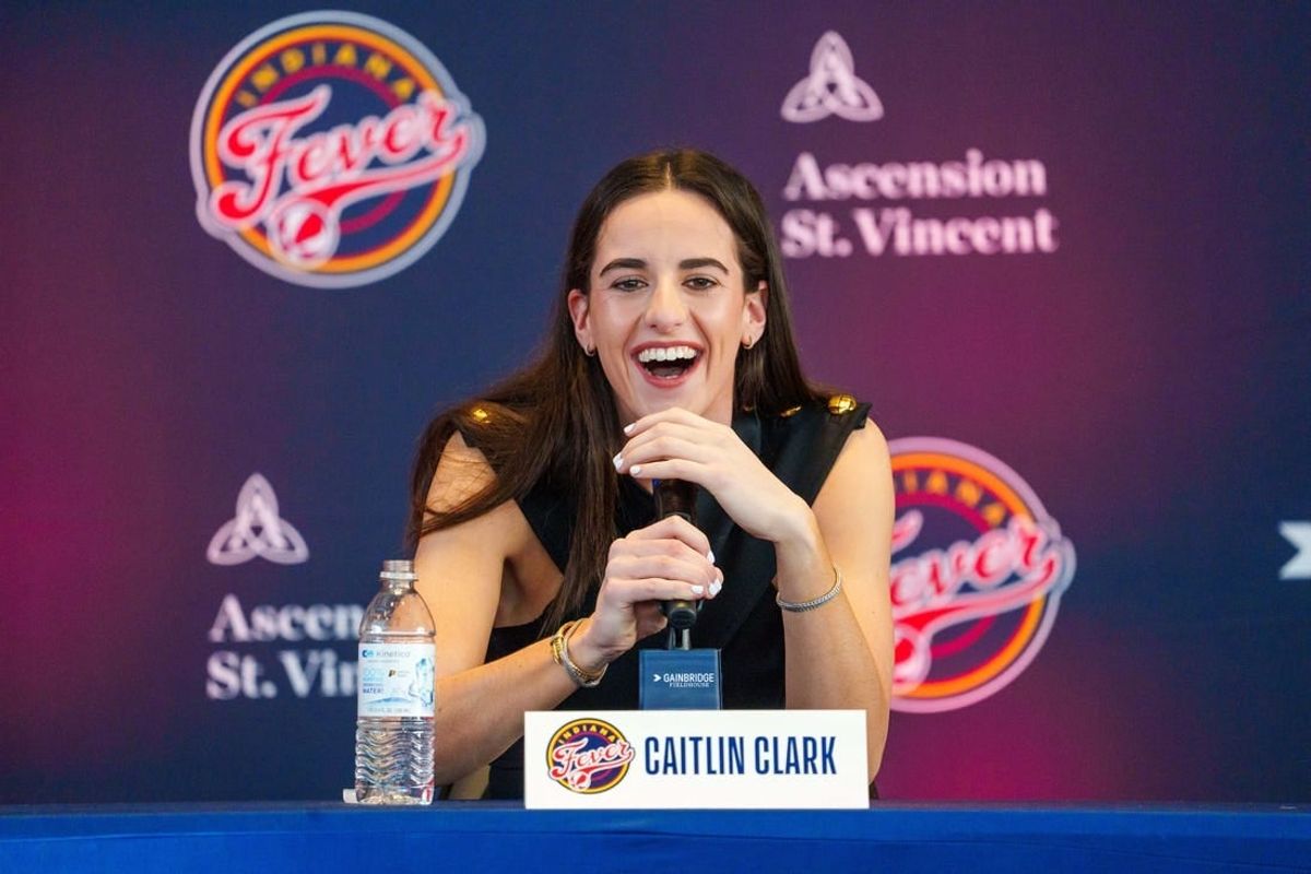 April 17, 2024; Indianapolis, IN, USA; Indiana Fever player Caitlin Clark, former Iowa Hawkeye standout and the no. 1 pick in the 2024 WNBA draft, speaks Wednesday, April 17, 2024, during an introductory press conference inside the entry pavilion at Gainbridge Fieldhouse.