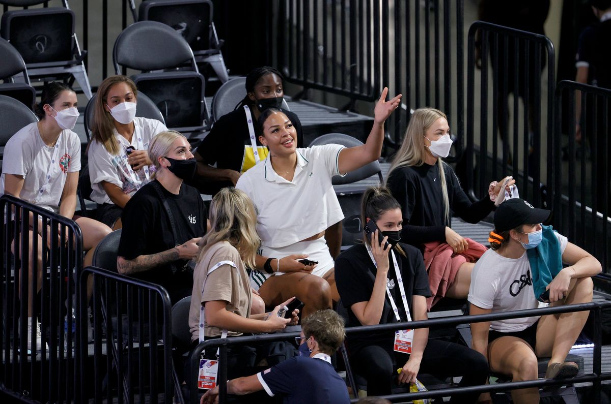 Liz Cambage (C) of the Las Vegas Aces attends an exhibition game between Nigeria and the United States in Las Vegas.
