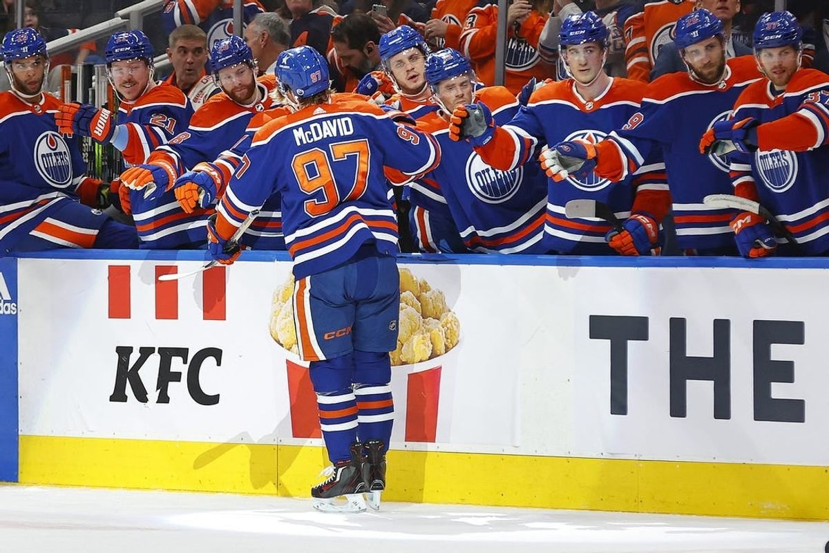 Jan 2, 2024; Edmonton, Alberta, CAN; The Edmonton Oilers celebrate a goal scored by forward Connor McDavid (97) against the Philadelphia Flyers during the first period at Rogers Place.
