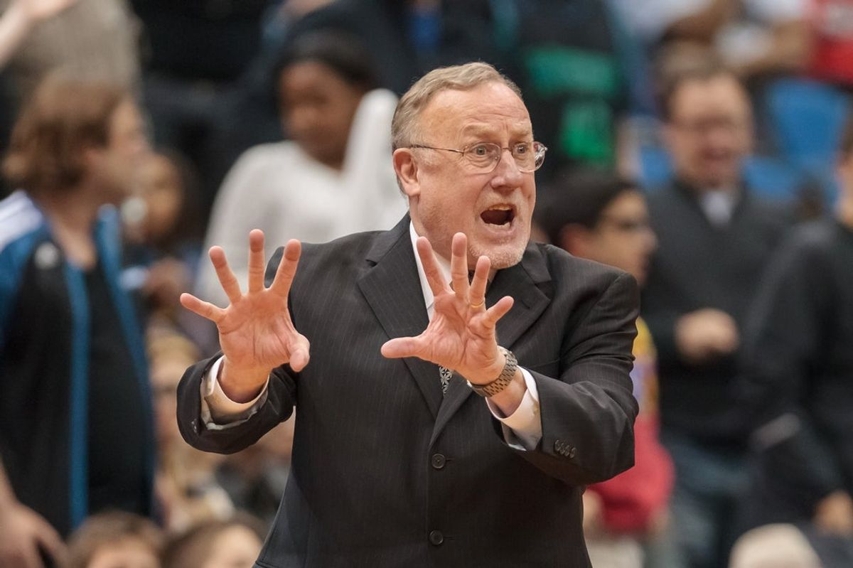 Apr 16, 2014; Minneapolis, MN, USA; Minnesota Timberwolves head coach Rick Adelman talks to the referee in double overtime against the Utah Jazz at Target Center. The Utah Jazz win 136-130 in double overtime. Mandatory Credit: Brad Rempel-Imagn Images