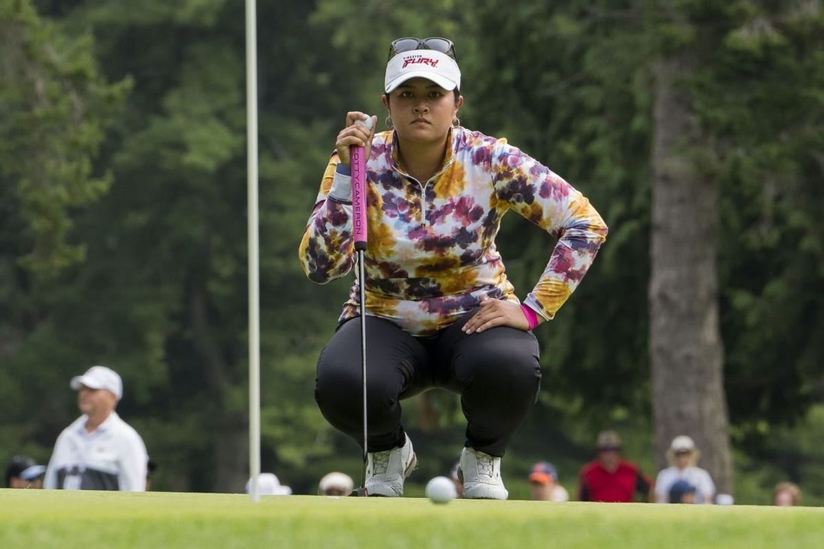 Aug 25, 2023; Vancouver, British Columbia, CAN; Lilia Vu lines up her putt on the sixth green during the second round of the CPKC Women's Open golf tournament at Shaughnessy Golf & Country Club.